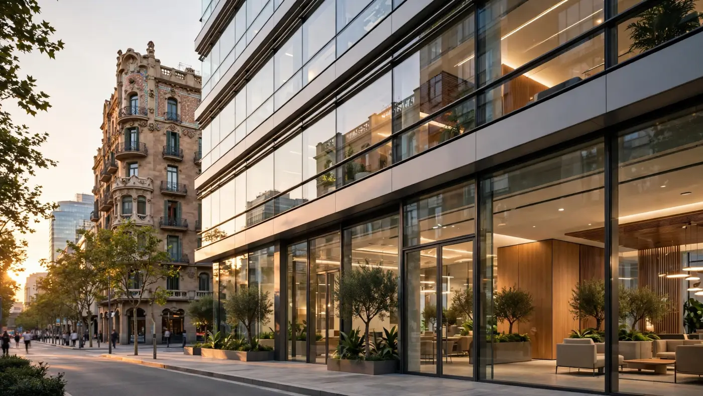 Distrito financiero moderno en Barcelona al atardecer