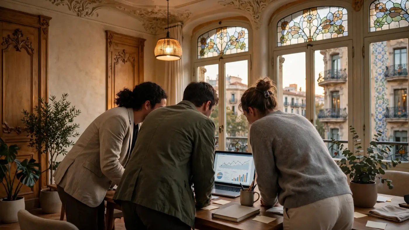 Grupo de personas revisando gráficos financieros en un portátil
