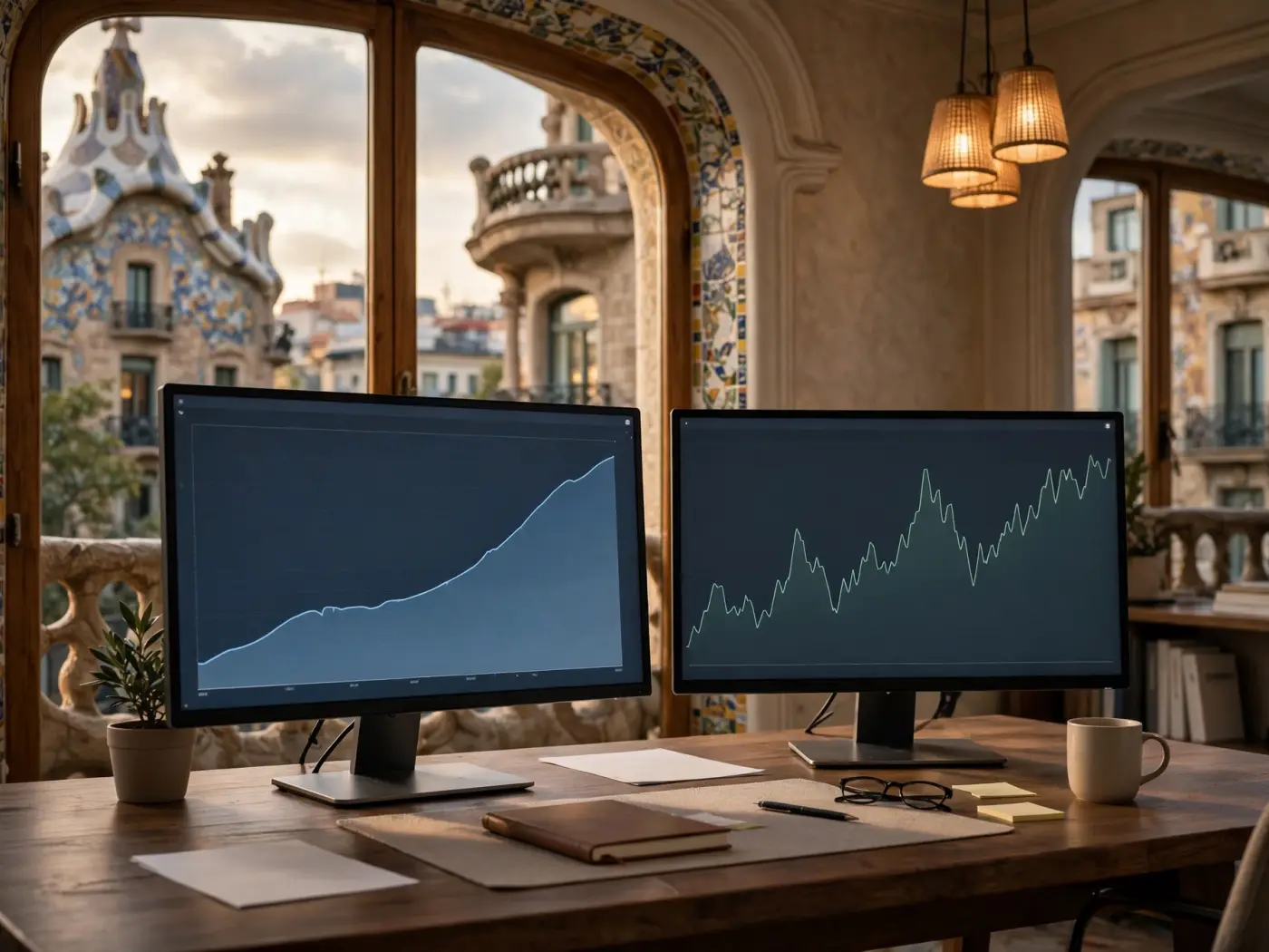 Espacio de trabajo de analista con monitores mostrando gráficos conceptuales