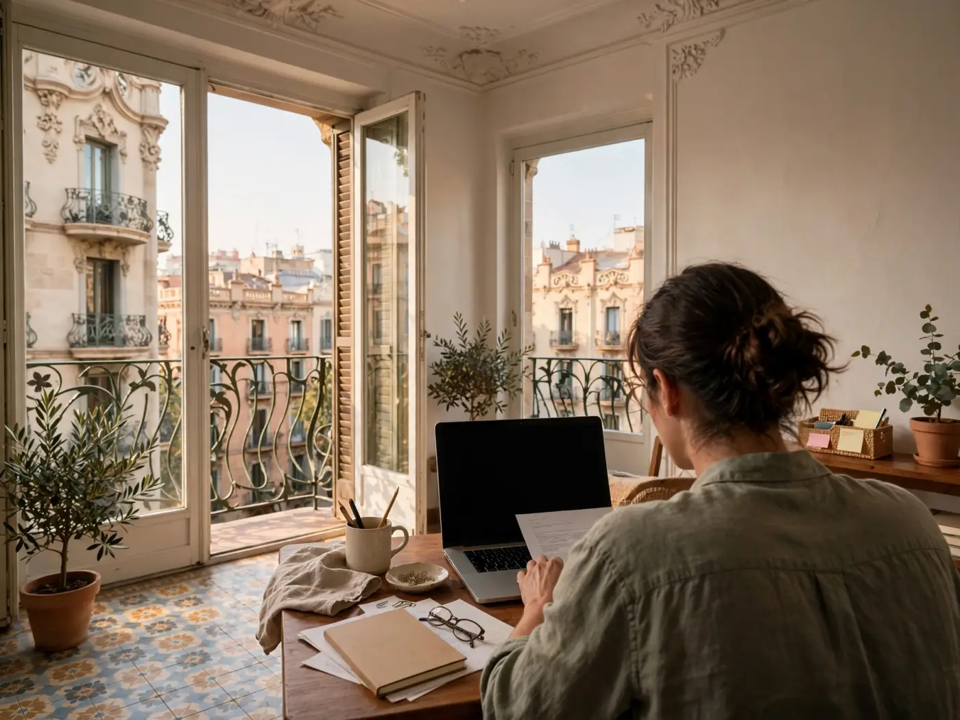 Persona trabajando en un portátil en un apartamento luminoso en España